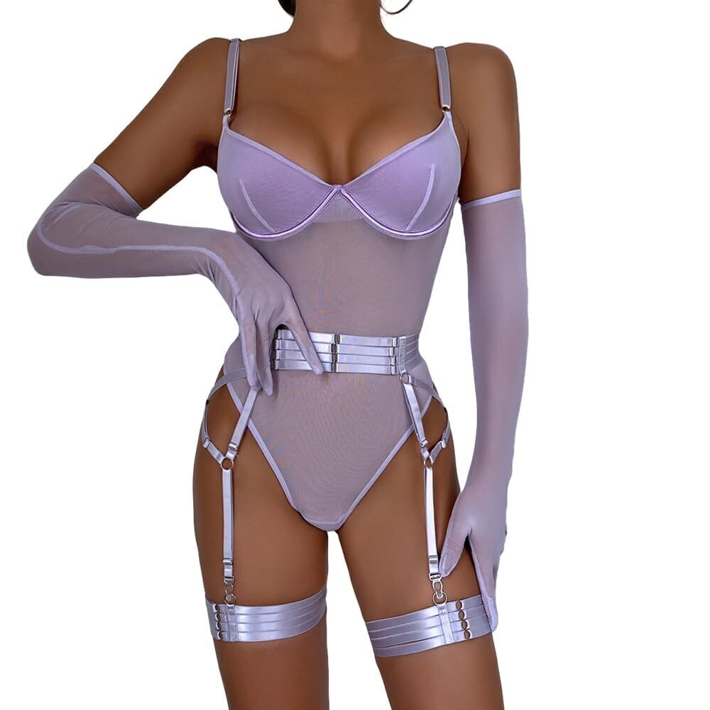 4849 Sexy Mesh Lingerie Set Garter Teddy Bodysuit with Underwire Chest